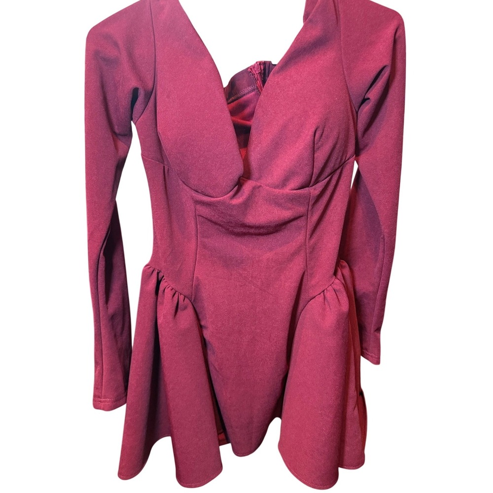 Burgundy Long Sleeve Deep V-Neck Padded Mini Dress Flare Skirt Burgundy Women L